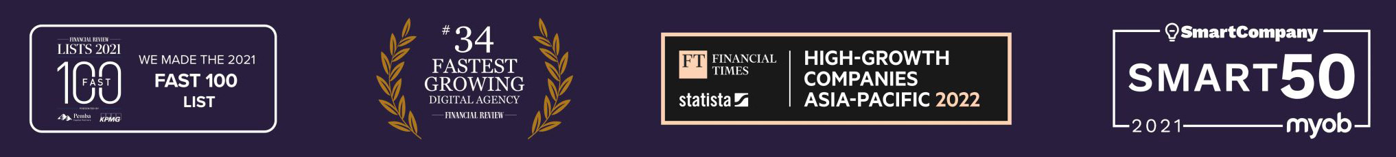 Fast 100 List, #34 Fastest Growing Digital Agency, FT High-Growth Companies Asia-Pacific 2022, SmartCompany Smart 50 2021