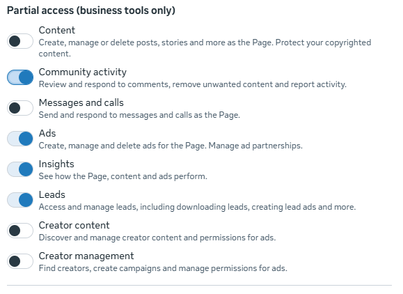 Facebook Page permission toggles, with Ads, Insights, Leads and Community activity enabled