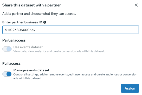Meta dataset permission toggles with Manage Events Dataset enabled