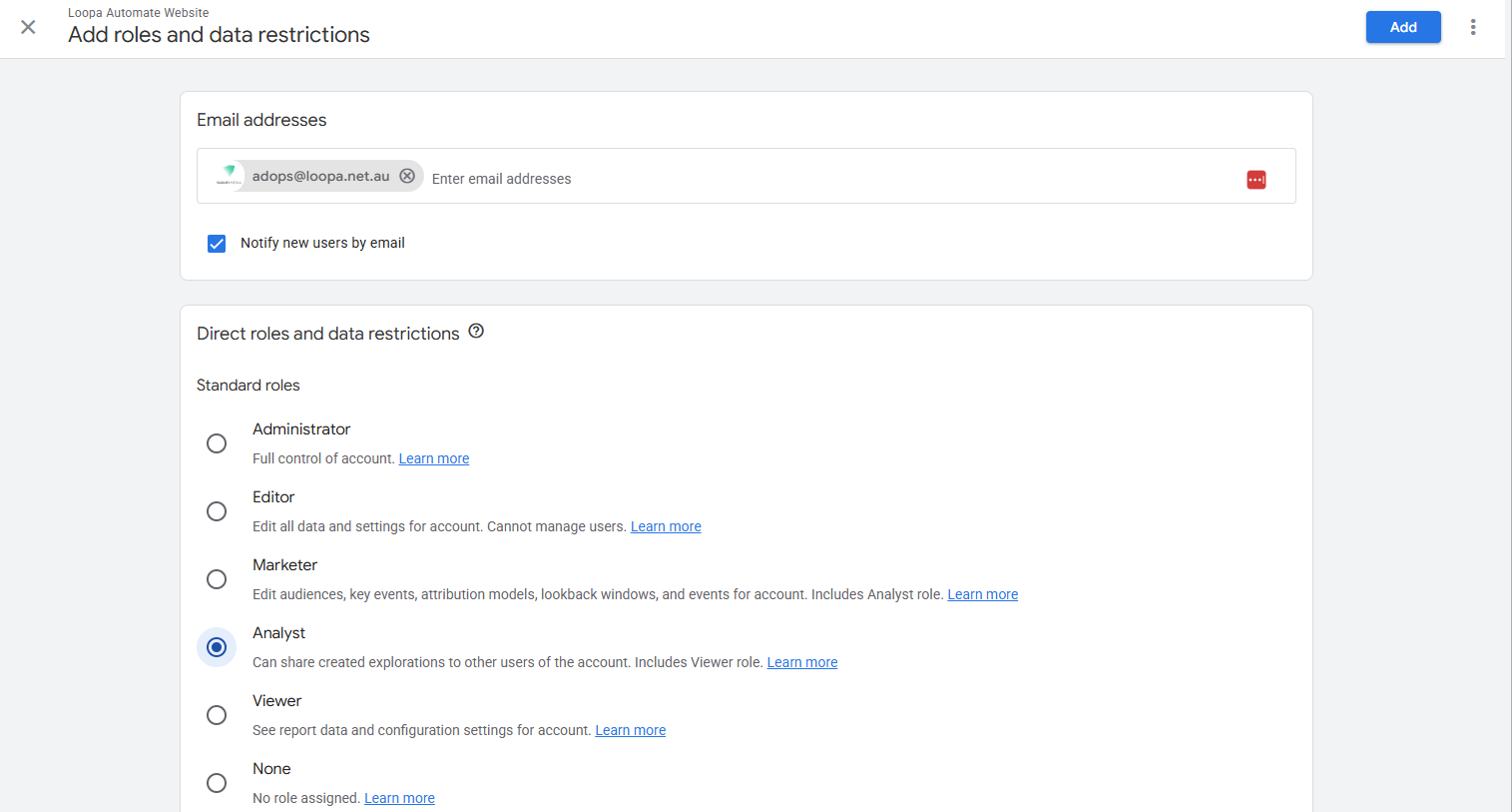 Google Analytics role picker with the Analyst role selected